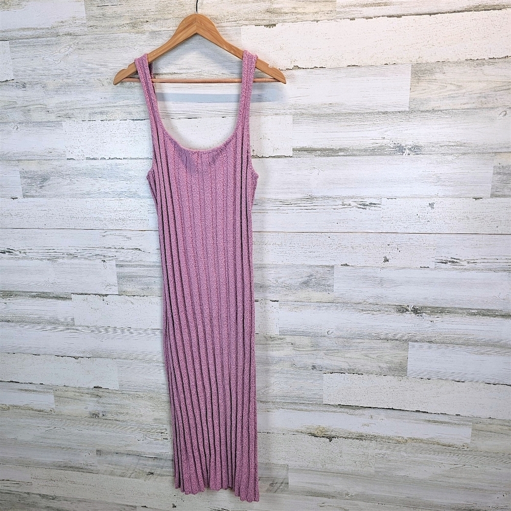 Free People Beach Santos Knit Midi Dress L Rose Pink Ribbed Tank Scoop Neck - Picture 3 of 11
